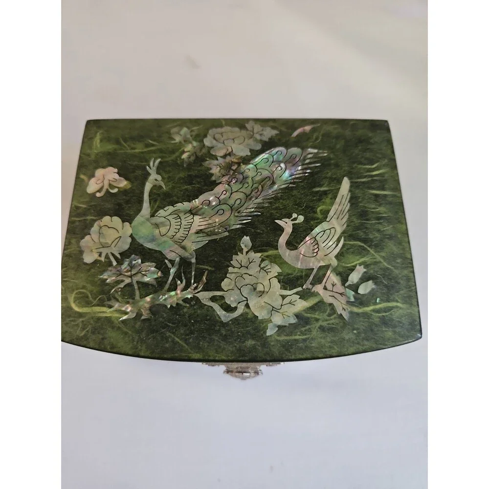 Vintage Korean Mother Of Pearl Lacquer Jewelry Box Peacock and Flower Inlay